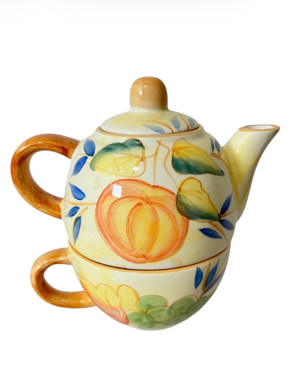 Vintage Tea For One Hand-Painted Fruit Teapot and Cup Set